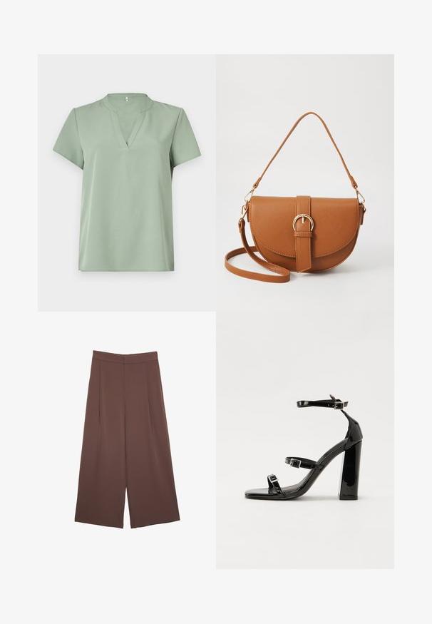 Lyhythihainen paita vaaleanvihreänä, jossa on V-kaula-aukko ja sileä tekstuuri. Yksinkertainen muotoilu ilman kuvioita tai koristeita.; Ruskeat leveälahkeiset housut, joissa on sileä pinta, korkea vyötärö ja etupleat. Kangas on kevyttä ja laskeutuu väljänä.; Musta kiiltävä korkokenkä sandaalit neliönmuotoisella varpaalla, nilkkaremmillä ja hopeisilla soljilla. Varustettu tukevalla lohkokorkealla vakauden takaamiseksi.; Ruskean nahkainen olkalaukku, jossa on kaareva muoto, kultaiset yksityiskohdat ja solkiyksityiskohta. Varustettu irrotettavalla olkahihnalla.