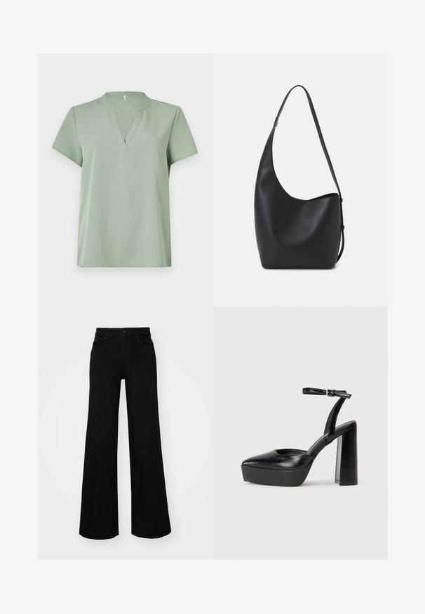 Maglietta a maniche corte di colore verde chiaro, con scollatura a V e superficie liscia. Design semplice, senza pattern o accenti.; Pantaloni neri a gamba larga in denim, con una vita strutturata, passanti per la cintura e tasche frontali. Texture liscia con un design classico.; Tacchi a piattaforma neri con punta appuntita e cinturino regolabile alla caviglia. Realizzati in pelle liscia, presentano un tacco a blocco spesso.; Borsa hobo nera in pelle con una superficie liscia, forma curvata e una singola tracolla regolabile; presenta un'ampia apertura nella parte superiore.