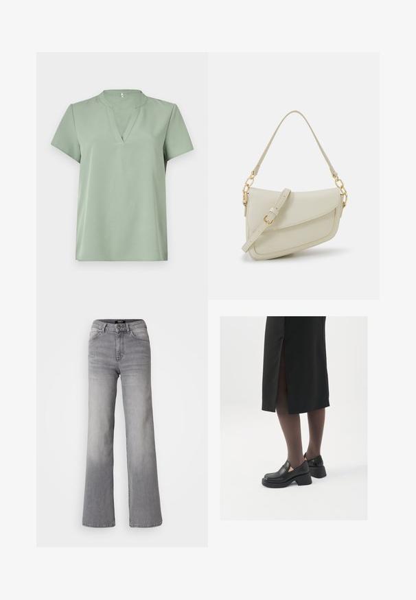 Top cu mâneci scurte, de culoare verde deschis, având un decolteu în V și o textură netedă. Design simplu, fără modele sau accente.; Jeans din denim gri, cu talie înaltă și croială dreaptă, cu fermoar și nasture frontal, buzunare frontale și spate, și nuanțe estompate pe coapse și gambe.; Pantofi din piele neagră cu vârful rotund, toc bloc gros și accente elastice pe lateral, asortați cu colanți închiși la culoare și o fustă neagră cu o fanta.; Geantă mică de crem cu un finisaj texturat, curea lungă și ajustabilă, accent cu lanț și închidere cu clapetă. Detalii din hardware aurie.