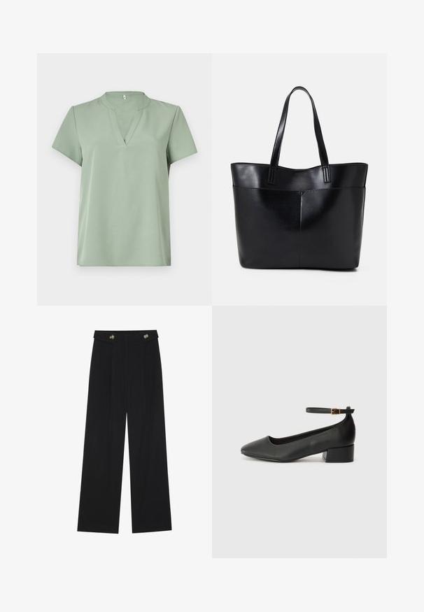 Short-sleeved top in light green, featuring a V-neckline and smooth texture. Simple design with no patterns or accents.; Black wide-leg trousers with high waist, button details on waistband, and front pleats.; Black leather pump with a pointed toe and a low block heel. Features an ankle strap with a gold-tone buckle. Smooth texture.; Black leather tote bag with two long handles, a smooth texture, and a structured shape. Features a front pocket for additional storage.