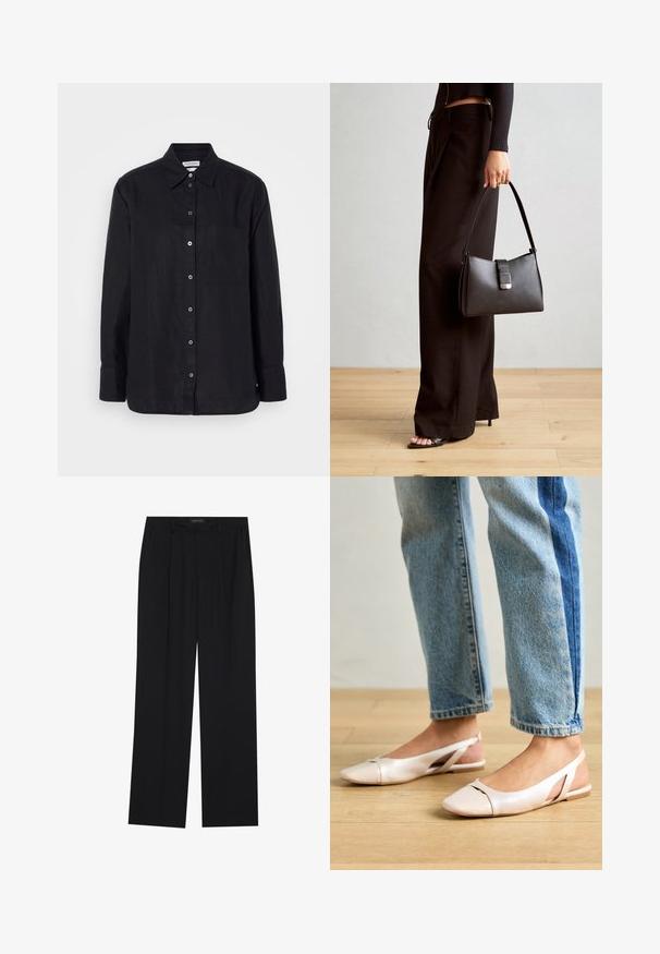 Μαύρο λιναρένιο πουκάμισο με μακρύ μανίκι, κουμπώνει μπροστά, έχει γιακά, μία τσέπη στο στήθος και σκούρα κουμπιά σε ουδέτερη φόντο.; Μαύρο παντελόνι με ίσια γραμμή, που διαθέτει δύο μπροστινές τσέπες και μέση. Κατασκευασμένο από ένα λείο, ελαφρύ ύφασμα.; Ανοιχτό ροζ εσπαντρίγες με μυτερές μύτες, κατασκευασμένες από υλικό που μοιάζει με δέρμα. Διαθέτουν κομψές κοπές στα πλάγια και επίπελο τακούνι.; Μαύρη τσάντα χειρός με δομημένο σχήμα, λεία υφή και μεταλλικό κούμπωμα. Συνδυασμένη με φαρδιά μαύρα παντελόνια και σανδάλια ανοιχτής μύτης πάνω σε ξύλινο πάτωμα.