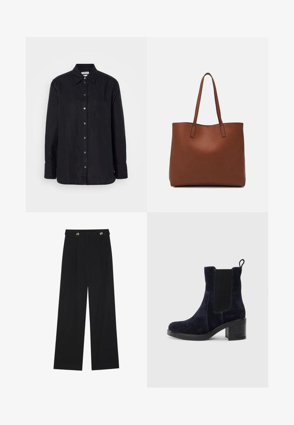 Black linen long-sleeve shirt with a button-up front, collar, single chest pocket, and dark buttons on a plain background.; Black wide-leg trousers with high waist, button details on waistband, and front pleats.; Navy blue suede ankle boot with elastic side panel, rounded toe, and block heel. Textured fabric and smooth sole add contrast.; Brown leather tote bag with a smooth texture, open top design, and two shoulder straps. Features minimal stitching and no visible hardware.