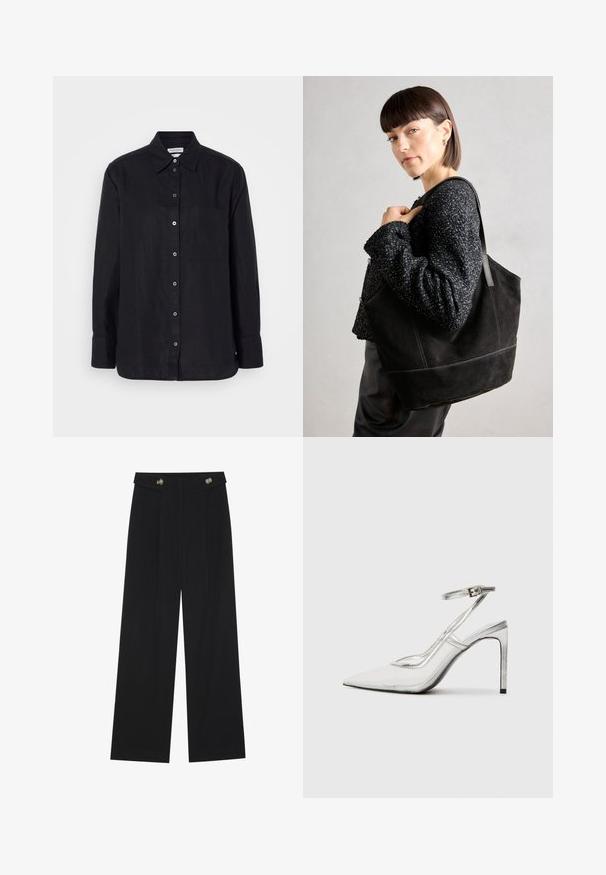 Svart lin long-sleeve skjorte med knapplukking foran, krage, enkelt brystlomme og mørke knapper på en ensfarget bakgrunn.; Svart vide bukser med høy midje, knappdetaljer på midjebåndet og frontplisser.; Klare stiletthæl sko med spids tå, gennemsigtigt materiale, metallisk sølvdetaljer og justerbar ankelrem.; Svart semsket tote-veske med en jevn tekstur, strukturert form og kontrasterende sømmer. Har lange stropper for skulderbæring.