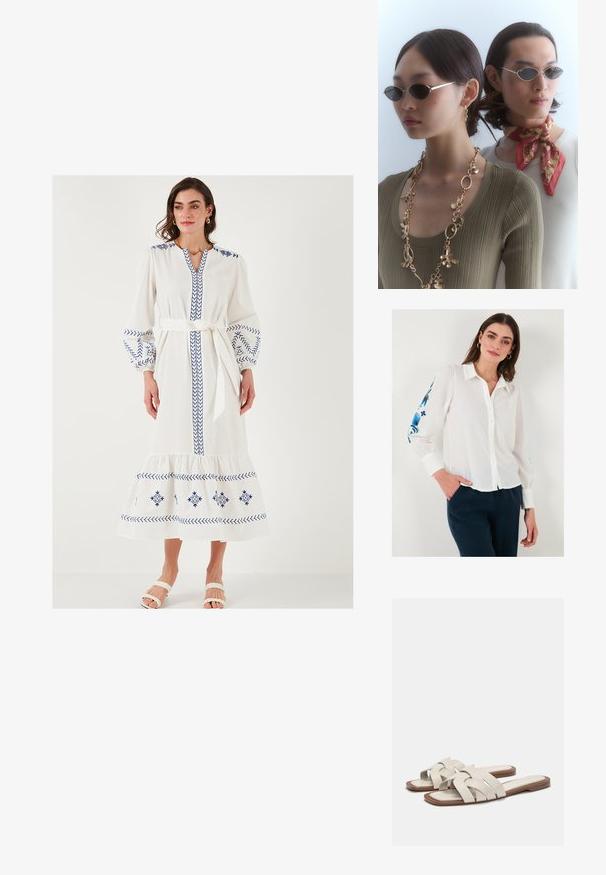 Fehér vászon ing gallérral, kék virágmintás hímzéssel az ujjakon, sötétkék nadrággal párosítva.; Fehér, hosszú ruha kék hímzett mintákkal, ballon ujjakkal, V-kivágással és megkötött derékkal. Réteges szegéllyel és puha textúrával rendelkezik.; Világos bézs csúszó szandál szőtt pántokkal, lapos talppal és minimalista dizájnnal. Sima textúra finom színkontrasztos kiegészítőkkel.; Kerek napszemüveg sötét lencsékkel és vékony ezüst kerettel. Az egyik személy aranylánc nyakláncot visel, míg a másiknak piros mintás sál van a nyakában.; Sötétbézs fonott szalma táska, ívelt formával, csattal záródik, és arany lánc pántja van. Texturált felülete gyémánt mintázattal rendelkezik.