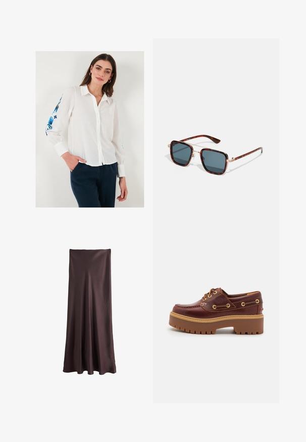 White linen button-up shirt with a collar, featuring blue floral embroidery on the sleeves, paired with dark blue pants.; Brown, floor-length skirt made from smooth, lightweight fabric. Features a simple, flowing design with no visible patterns or accents.; Brown leather boat shoe with a chunky brown rubber sole, gold eyelets, and contrast stitching. Features a logo on the side.; Tortoiseshell sunglasses with dark gray lenses, square shape, gold metal accents, and slender temples featuring distinctive striped detailing.