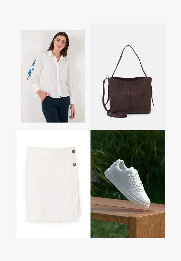 Hvid linned skjorte med knapper og krave, prydet med blå blomsterbroderi på ærmerne, samt mørkeblå bukser.; Hvid nederdel med en struktureret stof, der har et omslagdesign og to runde knapper på siden til lukning.; Hvid sneaker med en glat syntetisk overdel, perforeret tåboks, flade snørebånd og en tekstureret sål, præsenteret på en træoverflade.; Brun ruskinds tote bag med en blød tekstur, der har en enkelt skulderrem og en diskret buet topåbning. Ingen synlige hårde detaljer.