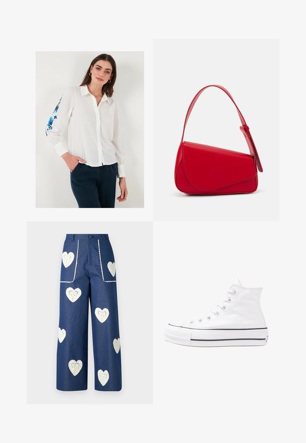 Hvid linned skjorte med knapper og krave, prydet med blå blomsterbroderi på ærmerne, samt mørkeblå bukser.; Sister Jane HEART TO HEART - Jeans Straight Leg - blue denim; Hvide høje kanvas sneakers med sort gummisål, gummitåhætte foran og seks øjehuller til snørebånd, der har et rent, minimalistisk design.; Rød læderhåndtaske med et kantet, geometrisk design. Har en enkelt justerbar rem og en klaplukning med syede detaljer.