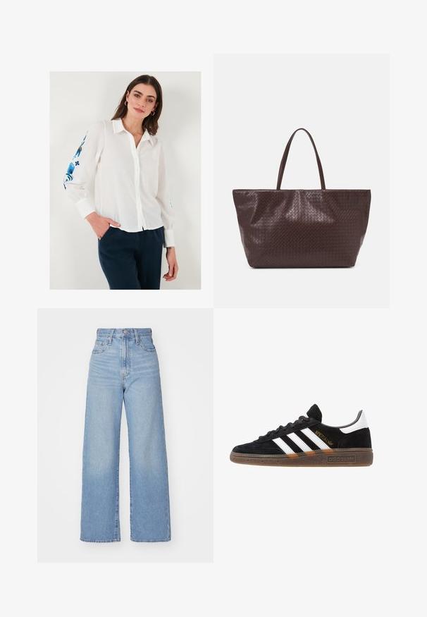 White linen button-up shirt with a collar, featuring blue floral embroidery on the sleeves, paired with dark blue pants.; Light blue high-waist wide-leg jeans with front button and zip closure, front and back pockets, on a white background.; Black Adidas sneaker with white stripes, gold "Spezial" text, gum sole, and white heel tab, shown in profile view.; Brown woven leather tote bag with two handles, a structured shape, and a textured surface, featuring a diamond pattern throughout.