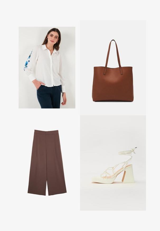 White linen button-up shirt with a collar, featuring blue floral embroidery on the sleeves, paired with dark blue pants.; Brown wide-leg trousers with a smooth texture, featuring a high waist and front pleats. The fabric is lightweight and flows loosely.; White high-heeled sandal with a chunky heel, featuring a strappy design and ankle tie. Smooth texture with a platform front for added height.; Brown leather tote bag with a smooth texture, open top design, and two shoulder straps. Features minimal stitching and no visible hardware.