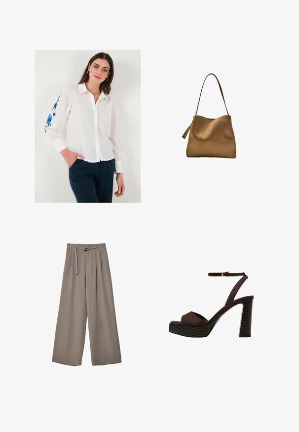 Weißes Leinenhemd mit Knopfleiste und Kragen, das mit blauer floraler Stickerei an den Ärmeln versehen ist, kombiniert mit dunkelblauen Hosen.; Weite Hose aus einem weichen, gedämpften grauen Stoff, mit einem taillierten Bund und Falten für zusätzliche Design-Details. Glatte Textur, keine Muster.; Braune Wildleder-Pumps mit offenem Zeh, verstellbarem Knöchelriemen und gestreiftem Plateausohlen.; Braune Wildleder-Handtasche mit glatter Textur, gewölbtem oberen Teil und einem langen, flachen Schulterriemen. Verfügt über einen Reißverschlussschieber auf einer Seite.