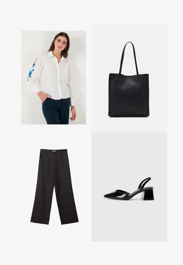 Bela lanena srajca s kragnjo, okrašena z modrim cvetličnim vezenjem na rokavih, v kombinaciji s temno modrimi hlačami.; Črne široke hlače iz gladkega materiala, z sprednjim zadrgo in dvema stranskima žepoma, s prilagojenim krojem in minimalističnim dizajnom.; Črne lakirane slingback pete s koničastim nosom in geometrijsko blokasto peto. Imajo eleganten, minimalističen dizajn in gladko teksturo.; Črna usnjena torba s svilnato teksturo, pravokotne oblike in dvema dolgima ročajema. Brez vidnih metalnih delov ali okrasnih elementov.