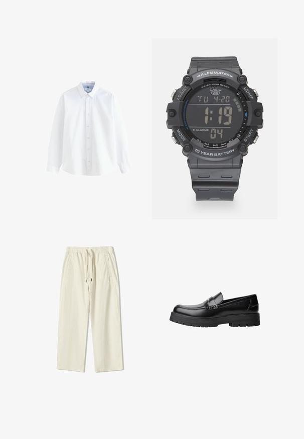 Witte lange mouwen overhemd met knoopsluiting en kraag, met knoopmanchetten, eenvoudige vormgeving, weergegeven op een witte achtergrond.; Crèmekleurige, lichte, wijde broek met een elastische tailleband, verstelbaar trekkoord en twee zijzakken. Textiel met structuur.; Zwarte leren loafer met een chunky profielzool en een decoratieve band over de bovenkant, weergegeven in het linkerzijprofiel op een witte achtergrond.; Digitale Casio-horloge met een grijze kunststof band, LCD-display, waterbestendigheid tot 100 meter, en functies voor alarmen en achtergrondverlichting.