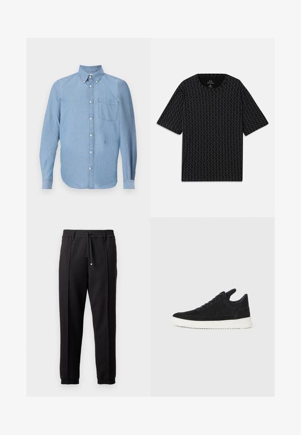 Ljust blå knappad skjorta i denimtyg. Har en ficka på vänster bröst, nedknäppt krage och långa ärmar.; Svart T-shirt med ett strukturerat mönster av växlande 'A'-logotyper, korta ärmar och rundad halsringning. Tillverkad av lättviktsmaterial.; Svarta byxor med midjeresår, dragsnodd och elastiska muddar. Har veck och ett jämnt, texturerat tyg.; Svart mockaskor med en vit gummisula, som har ton-i-ton-sömmar och snörningsdesign. Slät textur med en modern, strömlinjeformad form.