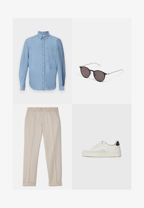 Heled bluus särk, mis on valmistatud denimpajust. Omab vasakul rinnal taskut, nööpidega kraed ja pikki varrukaid.; Filippa K TERRY CROPPED TROUSERS - Püksid - sage melange; Valged tennisjalanõud, millel on sametised aktsendid, ümar varvas, lame nöörid ja kreemjas kummine põhja. Hästi nähtav roheline bränding kannal.; Mustad mustad prillid tumedate läätsedega ja õhukeste metallist käepidemetega. Kaarja kujuga seljaosa ja hõbedased aktsendid hingel. Minimalistlik disain.