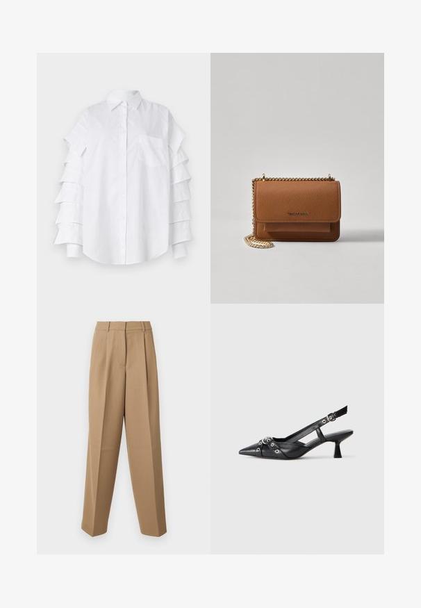 Balta krekla ar apkakli, kas piedāvā kārtotu ruffles piedurknes, krūšu kabatu un pogājamus priekšā; izgatavots no viegla kokvilnas materiāla.; Bēšas stilīgas bikses ar augstu jostasvietu, kroku priekšpusi un platām kājām. Audums izskatās gluds ar vieglu spīdumu.; Melnas ādas šlipsveida kurpes ar norādītu purngalu, dekoratīvām joslām ar metāla acīm un zemu bloku papēdi. Teksturēta virsma.; Brūna teksturēta ādas plecu soma ar zelta ķēdes siksnu un atloka aizdari. Priekšpusē ir logotipa detaļa un kabata zem atloka.