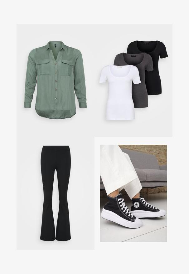 Vero Moda Curve VMBUMPY SHIRT NEW - Skjortebluse - laurel wreath; Tre figurerte T-skjorter i hvit, grå og svart. Hver har en bred scoop-nakke og korte ermer. Laget av glatt, elastisk stoff.; Svarte flared bukser laget av elastisk stoff, med høy midje og en glatt tekstur. Buksene vidder ut fra kneet.; Sorte lerrets høy-top sneakers med hvite gummisulinger og snørebånd. Har et rundt logo på siden og kontrasterende hvite sting.