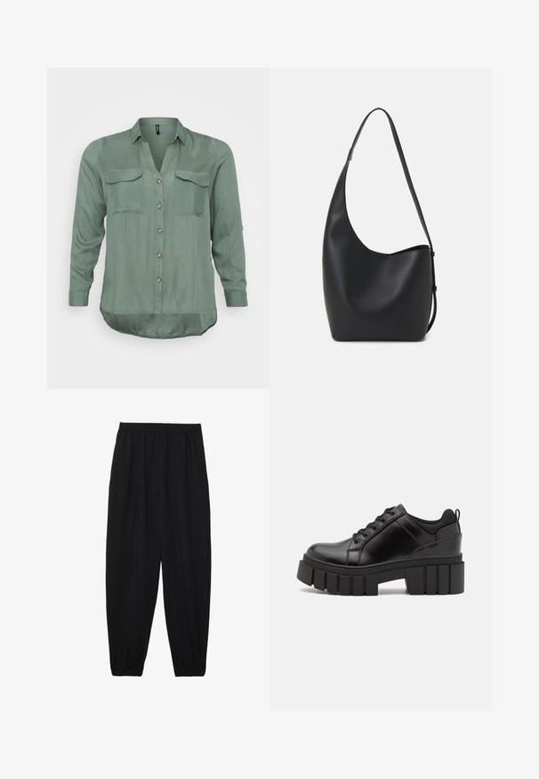 Vero Moda Curve VMBUMPY SHIRT NEW - Skjortebluser - laurel wreath; Sort, lette bukser med elastisk talje og sammenfoldede ankler. Stoffet er glat og har et afslappet, indsnævret design.; Sorte læder platform sko med en klodset blokhæl, rund tå og traditionelt snøredesign. Har en glat tekstur og minimal detaljering.; Sort læder hobo taske med en glat overflade, buet form og en enkelt justerbar rem; har en bred åbning øverst.