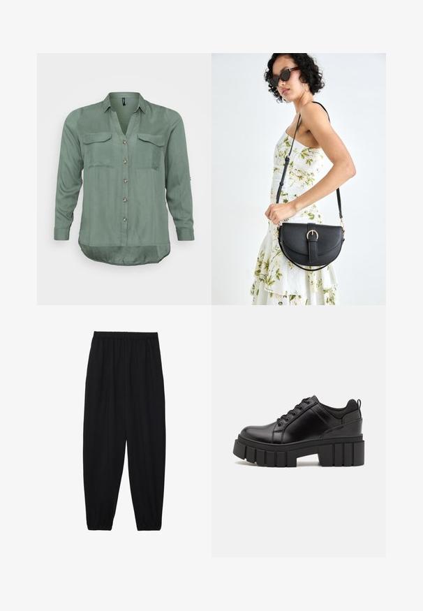 Vero Moda Curve VMBUMPY SHIRT NEW - Košilová halenka - laurel wreath; Černé, lehké kalhoty s elastickým pasem a nařasenými kotníky. Tkanina je hladká a má uvolněný, zúžený design.; Černé kožené platformové boty s masivním blokovým podpatkem, kulatou špičkou a tradičním šněrováním. Mají hladký povrch a minimální detaily.; Černá kožená kabelka s křivkovým tvarem, odnímatelným popruhem a zlatými detaily. Kabelka má klopu s přezkou.