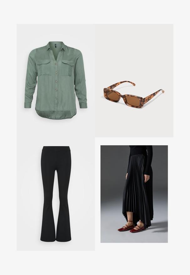 Vero Moda Curve VMBUMPY SHIRT NEW - Hemdbluse - laurel wreath; Schwarze, ausgestellte Hosen aus dehnbarem Material mit hohem Bund und glatter Textur. Die Hose weitet sich ab dem Knie.; Schwarzer, plissierter Rock mit einem High-Low-Saum, kombiniert mit glänzenden roten Ballerinas mit einem Riemen-Design. Der Stoff hat eine glatte Textur.; Schildpattsonnenbrille mit rechteckigen, braunen Gläsern, einem dicken Rahmen und schmalen Bügeln, die ein Muster aus verschiedenen Brauntönen aufweisen.; Schwarze Stoffhandtasche mit einer gebundenen Schleifenakzent, runder Form, strukturiertem Oberflächen mit kleinen Mustern und einem einzelnen, dünnen Tragegriff.; Silberne Creolen mit einer glatten, polierten Oberfläche. Zwei Paare mit leicht unterschiedlicher Größe. Einfaches, kreisförmiges Design, leicht im Gewicht.