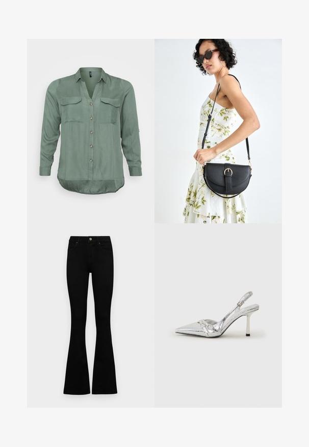 Vero Moda Curve VMBUMPY SHIRT NEW - Button-down blouse - laurel wreath; Black high-waist jeans with a button and zip closure, front pockets, and flared legs laid flat on a white background.; Silver slingback high heel shoe with a pointed toe, metallic finish, two decorative straps, and a slender heel with a black tip.; Black leather handbag with a curved shape, detachable strap, and gold hardware. The bag features a flap with a buckle detail.