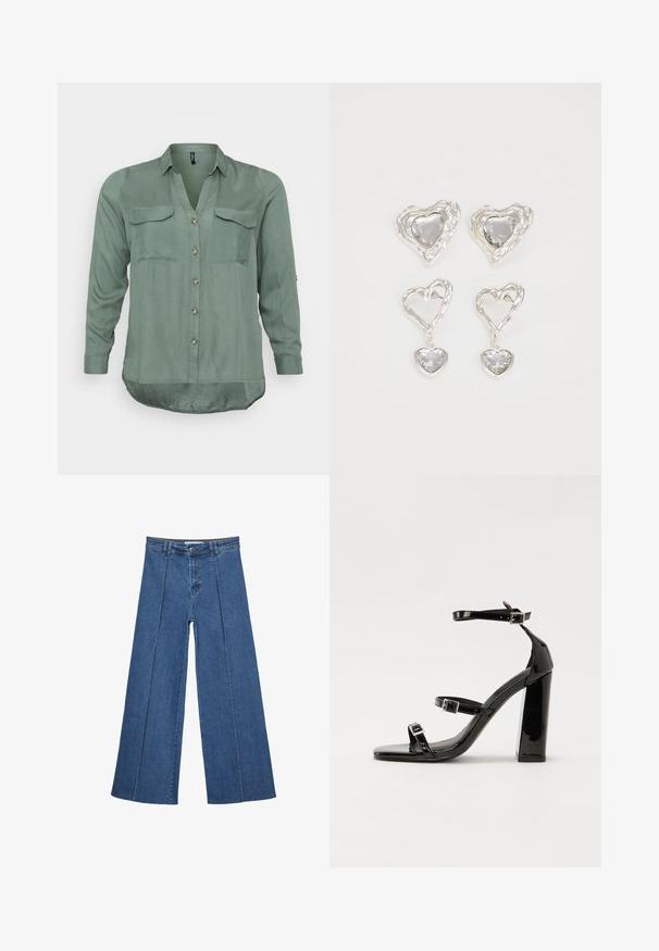 Vero Moda Curve VMBUMPY SHIRT NEW - Bluza z gumbi - laurel wreath; Jeans širokih nogavic v srednji modri barvi, z visokim pasom, gumbom in kontrastnimi navpičnimi šivi spredaj.; Črne lakirane sandale s peto, kvadratnim prstom, trakovi okrog gležnja in srebrnimi zaponkami. Opremljene so s stabilno Debelo peto.; Srebrni uhani v obliki srca vsebujejo fasetirane prosojne kamne ter teksturiran okvir. Komplet vključuje stenske in viseče sloge.