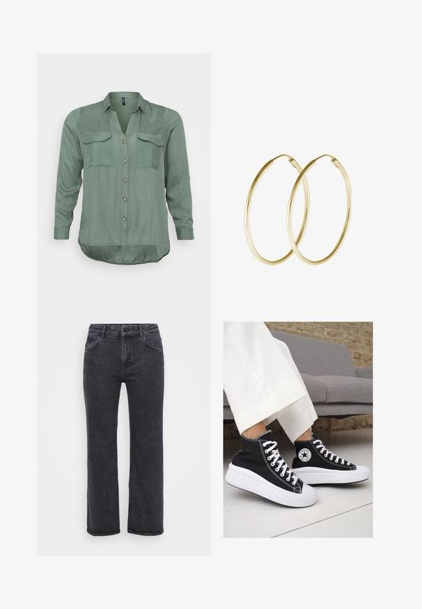 Vero Moda Curve VMBUMPY SHIRT NEW - Paitapusero - laurel wreath; Mustat farkut suoranlahkeisella muotoilulla, viidellä taskulla ja napilla suljettuna. Kangas on hieman haalistunut ja siinä on tukevat ompeleet.; Mustat kangaskengät korkealla varrella, joissa on valkoiset kumipohjat ja nauhat. Sivussa on pyöreä logo ja kontrastiväriset valkoiset tikkausommellut.; Kullanışlı, pürüzsüz bir tasarıma ve parlak bir yüzeye sahip altın halkalı küpeler. Hafif yapısı ile güvenli bir toka kapama mekanizması mevcut.