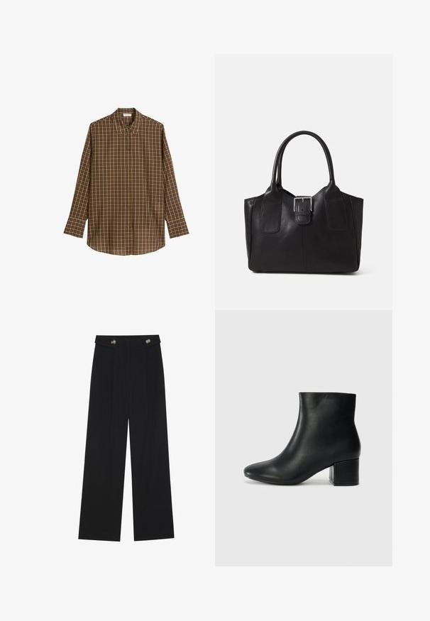 Pruunikirju pikkade varrukatega särk, mis on valmistatud pehmest kangast, klassikalise kraega, nööpidega ees ja sirge hemiga ning lõdva lõikega.; Mustad laiad püksid kõrge vöökoha ja nööpdetailidega vööandil, esikortsudega.; Mustad nahast pahkluu saapad terava varbaga ja jämeda kandaga. Sile tekstuur minimaalse aktsentidega ja stiilne, lihvitud disain.; Mustgamma nahast kott, millel on sile tekstuur, struktureeritud kuju, kaks käepidet ja esiküljel silmapaistev hõbedane pandla detail.