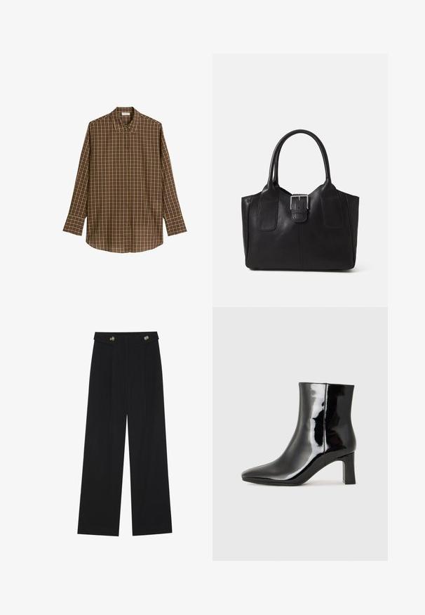 Barna kockás, hosszú ujjú, puha anyagból készült ing, klasszikus gallérral, gombos elülső résszel és egyenes szegéllyel, laza szabásban.; Fekete, bő szárú nadrág magas derékkal, gombos részletekkel a derékrészen és elülső pliszékkal.; Fekete lakk bőrcipő bokáig érő, hegyes orral és közepes magasságú tömbsarokkal. Simább textúrával és minimalista dizájnnal rendelkezik.; Fekete bőr bevásárlótáska sima textúrával, strukturált formával, két fogantyúval és egy figyelemfelkeltő ezüst csattal az elején.