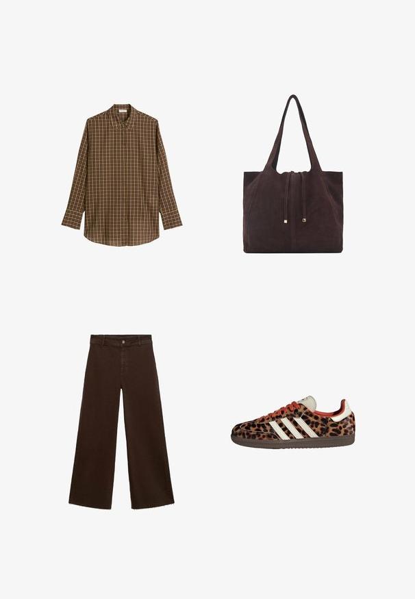 Smeđi karo dugoruki košulja od mekog materijala, s klasičnom kragnom, dugmadi sprijeda i ravnim rubom, s opuštenim krojem.; Smeđe široke hlače od pamuka, s raspucanim rubom, prednjim kopčanjem na dugme i klasičnim dizajnom s pet džepova. Minimalističke i svestrane.; Tenisice s uzorkom leoparda izrađene od suede materijala, s crvenim vezicama i tri bijele pruge sa strane. Imaju kremasto-bijeli jezik i smeđu potplat.; Mango Velika torba - dark brown
