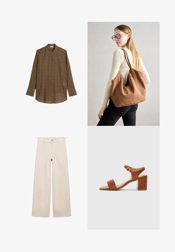 Rjava karirana srajca z dolgimi rokavi, izdelana iz mehke tkanine, z klasiko ovratnikom, gumbno zapiranje spredaj in ravnim robom ter sproščenim krojem.; Bež jeans hlače širokega kroja z visokim pasom, z zapiranjem na gumb, sprednjimi žepi in raztrganim robom. Narejene iz denima.; Rjave kožne sandale s peto, kvadratnim prstom, nastavljivim naramenicama in blok peto. Gladka tekstura in minimalni oblikovni elementi.; Rjava semišna torba z mehko teksturo, velikim odprtjem in dolgimi ročaji. Ima preprost dizajn z vidnim šivanjem in brez okovja.
