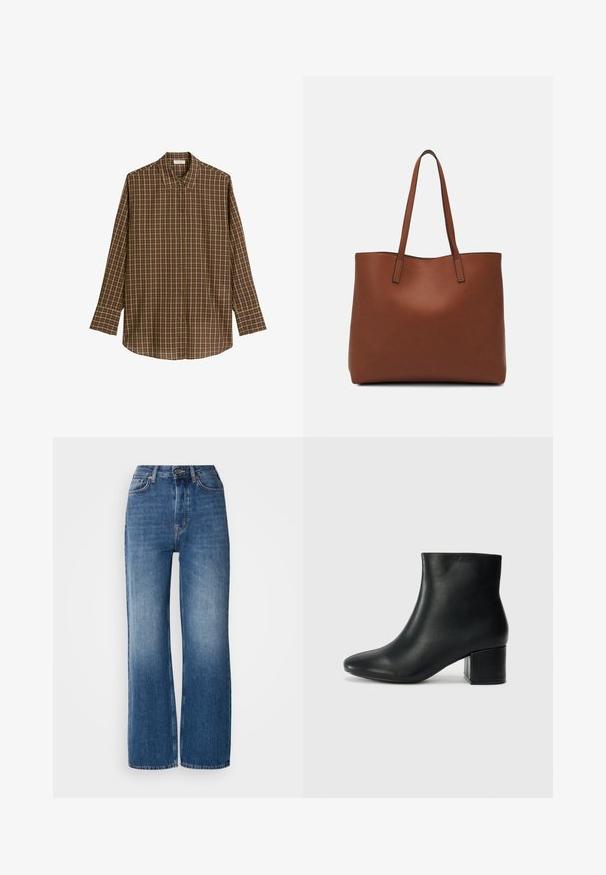Brown plaid long-sleeve shirt made of soft fabric, featuring a classic collar, button front, and straight hem with a relaxed fit.; High-waisted, wide-leg blue denim jeans with a gradient wash, copper stitching, a front button closure, and five pockets.; Black leather ankle boots with a pointed toe and a chunky heel. Smooth texture with minimal accents and a sleek, fitted design.; Brown leather tote bag with a smooth texture, open top design, and two shoulder straps. Features minimal stitching and no visible hardware.