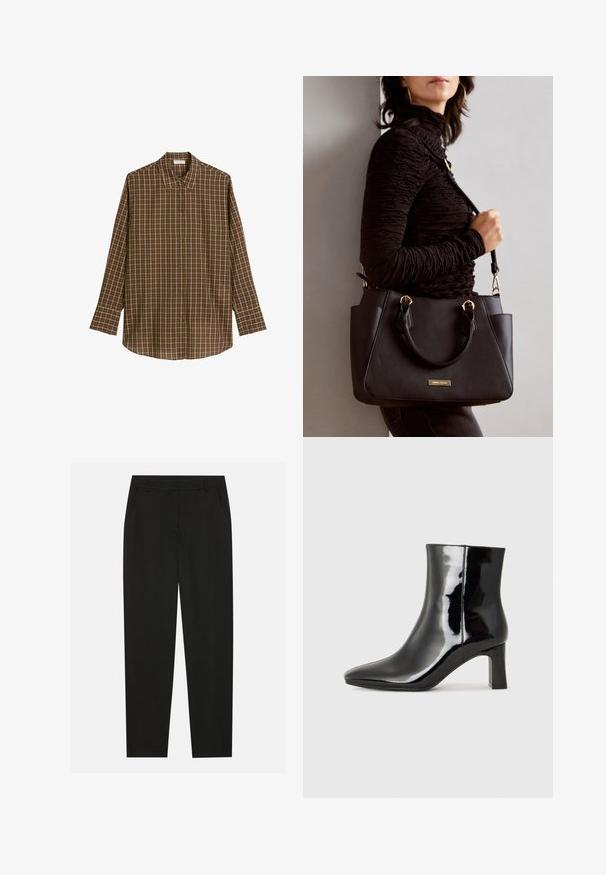 Brun rutete langermet skjorte laget av myk stoff, med klassisk krage, knappestolpe i front og rett nederkant med avslappet passform.; Sorte bukser med skreddersydd design, med sidelommer og rett ben. Laget av glatt, lett stoff med en elegant finish.; Sorte patentlær ankle boot med spiss tå og en mellomhøy blokkhelt. Glatt tekstur og minimalistisk design.; Svart håndveske med teksturert overflate, doble topphåndtak og justerbar skulderrem. Har detaljer i gulltone og sidelommer.