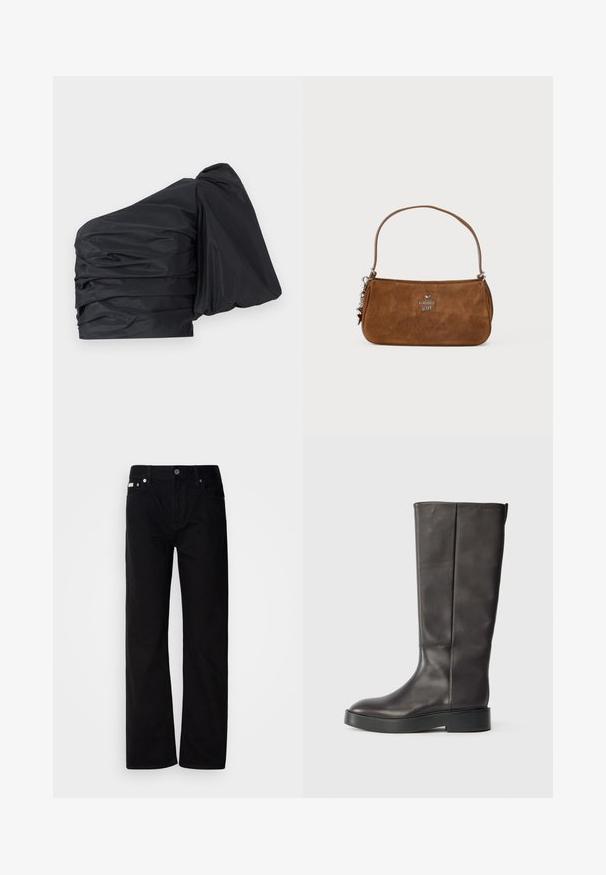 Svart en-skulder topp med samlet stoff, med en strukturert design og teksturert overflate. Mykt, lett materiale med en glatt utseende.; Svart denim rettfittede bukser med fem lommer, sølvnitter og knappestolpe. Stoffet har en glatt, lett teksturert overflate.; Svart lærsko med knelange skaft og tykk såle, med en diskret Calvin Klein-logo nær den øverste kanten, vist fra siden.; Brun semsket håndveske med en kort stropp. Har en sølvlogo, stjernedetalj og jevn tekstur. Kompakt rektangulær form.