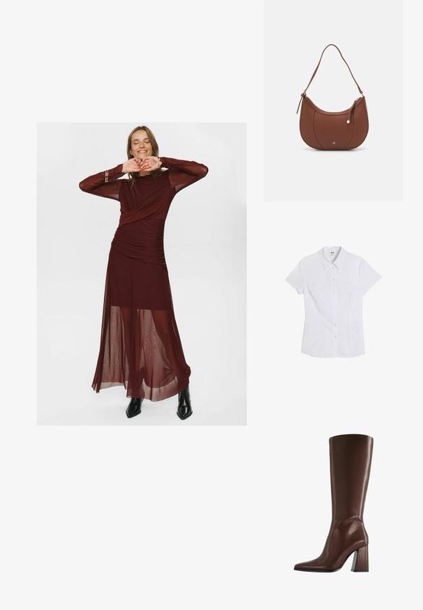 Weißes Kurzarmhemd mit Knopfleiste und einem klaren Kragen, gefertigt aus glattem Stoff. Das Hemd hat eine figurbetonte Passform und sechs durchsichtige Knöpfe auf der Vorderseite.; Langes burgunderfarbenes Kleid aus durchsichtigem und glattem Stoff, mit einem gewickelten Oberteil, Raffung und durchsichtigen langen Ärmeln.; Brauner kniehoher Lederstiefel mit spitzer Zehe und klobigem mittelhohem Absatz, Seitenansicht vor weißem Hintergrund.; Braune Kunstleder-Schultertasche mit geschwungener Form, minimaler Naht und goldfarbener Hardware-Akzent. Verfügt über einen oberen Reißverschluss und einen verstellbaren Trageriemen.