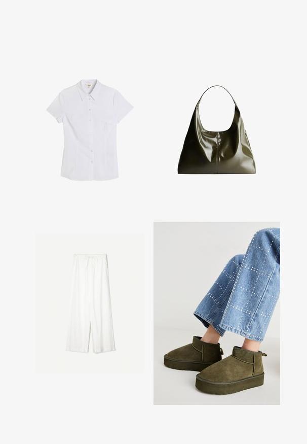 Witte kortemouwen overhemden met een strakke kraag, gemaakt van soepel materiaal. Heeft een getailleerde pasvorm en zes doorzichtige knopen aan de voorkant.; Witte wijde broek met een trekkoord in de taille, weergegeven tegen een effen achtergrond, wat de ontspannen stijl en de textuur van de stof benadrukt.; Olijfgroene suède enkellaarsjes met een dikke, gestructureerde zool en een trekband. Gecombineerd met lichtblauwe, versierde spijkerbroek.; Olijfgroene leren schoudertas met een gladde, glanzende afwerking. Beschikt over een afgeronde bovenkant en een zachte, hangende vorm. Minimalistisch design.