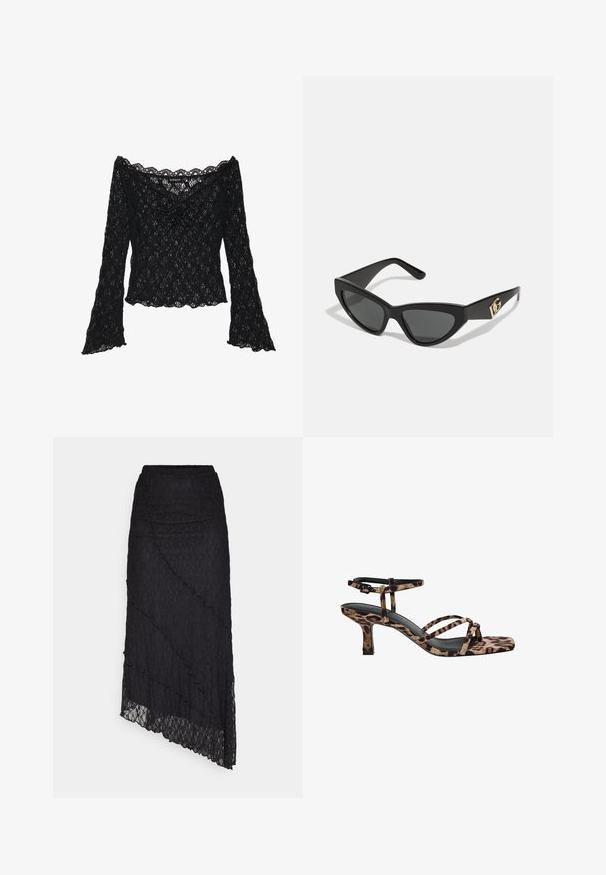 Čierny čipkovaný top s odhalenými ramenami, dlhými zvonovými rukávmi a vlnitými okrajmi. Textúrovaný kvetinový vzor po celej ploche.; Dve bavlnené crop tops v bielej a čiernej farbe. Každý má hlboký výstrih a tenké ramienka, s hladkou, jemnou textúrou.; ONLY ONLKIM LACE SKIRT - Maxisukňa - black; Sandále na podpätku s leopardím vzorom, s hranatou špičkou, viacerými popruhmi a stredne vysokým podpätkom. Vyrobené z mäkkého textilného materiálu.; Slnečné okuliare v tvare mačacích očí s matným čiernym plastovým rámom, tmavými sklami a zlatým logom na bočnej strane. Ostrý dizajn a hladká textúra.
