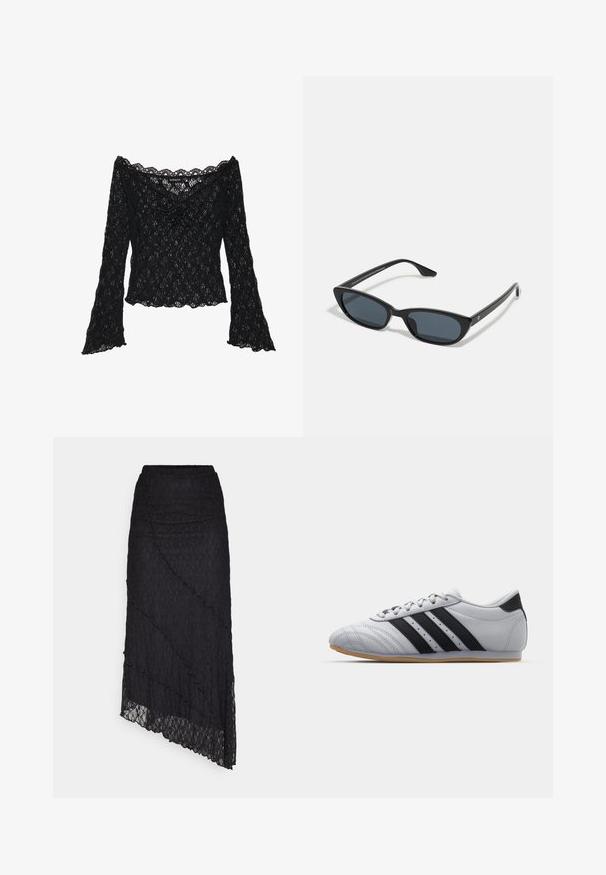 Schwarzes Spitzenoberteil mit schulterfreier Ausschnittlinie, langen Glockenärmeln und gewellten Kanten. Texturiertes florales Muster im gesamten Design.; Zwei Baumwoll-Crop-Tops in Weiß und Schwarz. Jedes hat einen tiefen Ausschnitt und dünne Träger und verfügt über eine glatte, weiche Textur.; ONLY ONLKIM LACE SKIRT - Maxirock - black; Graue Sportschuhe mit einer glatten Lederoberfläche, ausgestattet mit drei schwarzen Streifen, einer abgerundeten Zehenpartie und einer Sohle aus Gummi.; Schwarze Cat-Eye-Sonnenbrille mit dunklen Gläsern, Kunststoffrahmen, schlanken Bügeln und dezentem Branding an der inneren Seite des Bügels. Matte Oberflächenstruktur.