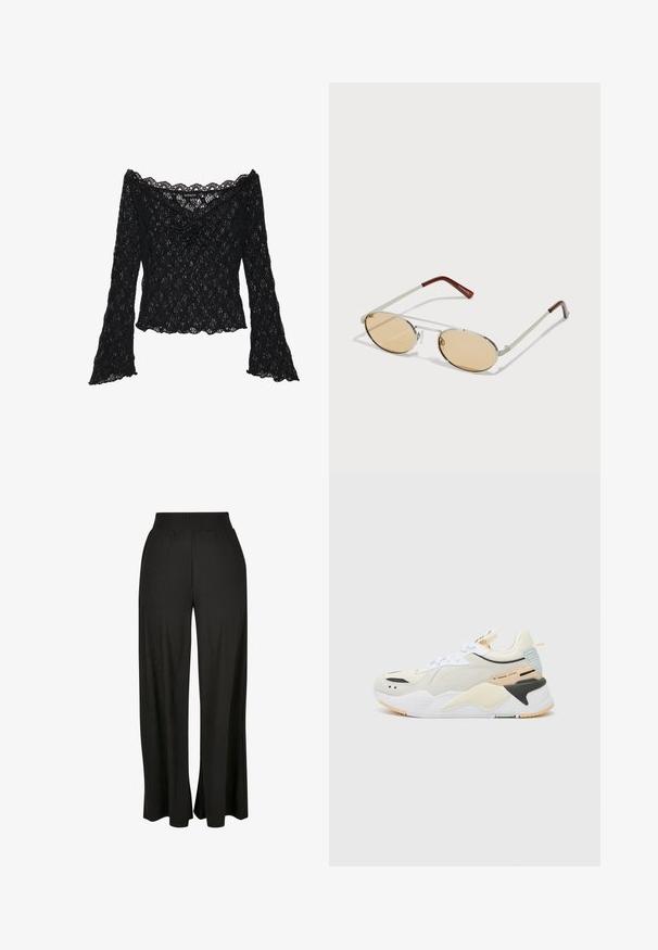 Fekete csipke felső, vállnélküli kivágással, hosszú harangujjakkal és hullámos szegélyekkel. Texturált virágmintázat az egész felsőn.; Fekete, széles szárú nadrág, függőleges bordás textúrával és gumis derékkal. Oldalsó zsebekkel és laza anyagkialakítással rendelkezik.; Fehér sportcipő, különböző textúrájú anyagok kombinációjával. Világos sárga díszítéssel, fekete részletekkel és világoskék saroktabbal rendelkezik.; Fém napszemüveg ovális, világosbarna árnyalatú lencsékkel. Vékony ezüstkeret, textúrázott részletekkel és vörösesbarna végződésekkel a szárakon.
