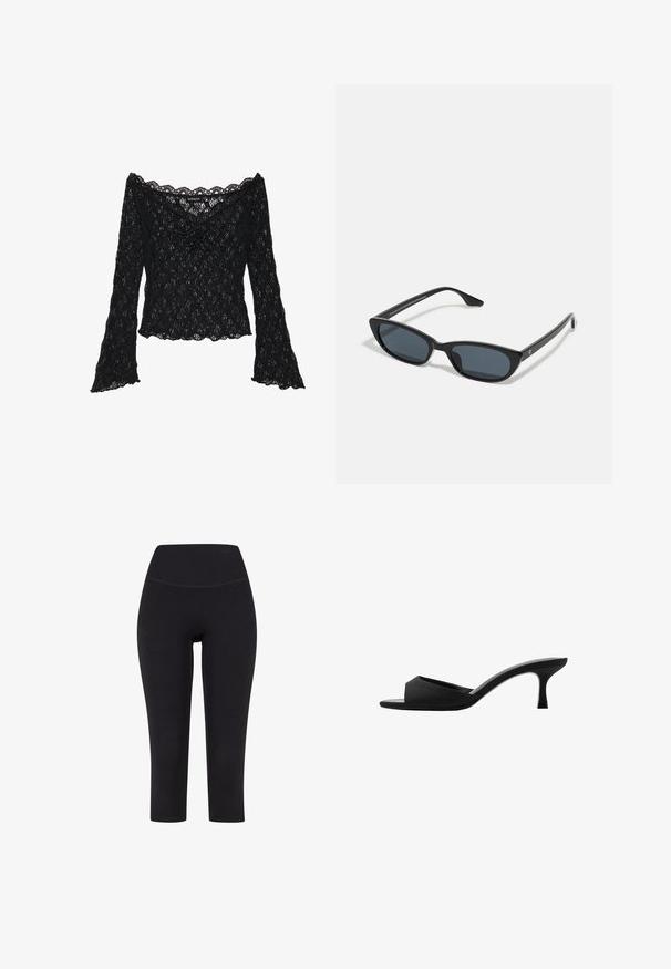 Zwarte kanten top met een off-the-shoulder halslijn, lange klokmouwen en gekartelde randen. Geweven bloemenpatroon overal.; Zwarte driekwart leggings van rekbare stof, met een hoge tailleband en zonder zichtbare patronen of hardware.; Zwarte hakken mules met een brede, open teen en een gebogen bovenkant. Gemaakt van textuurstof, met een slanke hak en een gladde zool.; Zwarte cat-eye zonnebril met donkere lenzen, kunststof frame, slanke pootjes en subtiele branding op de binnenkant van de poot. Mat afgewerkte textuur.