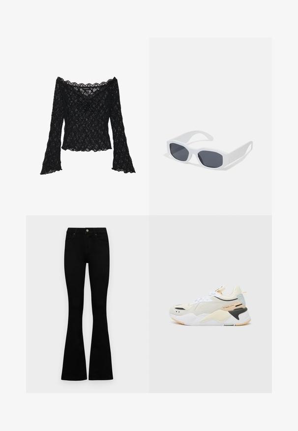 Top din dantelă neagră cu decolteu off-the-shoulder, mâneci lungi tip clopot și margini ondulate. Model floral texturat pe întreaga suprafață.; Jeans negri cu talie înaltă, cu închidere prin nasture și fermoar, buzunare frontale și picioare evazate, așezați pe un fundal alb.; Pantof cu un aspect sportiv, de culoare albă, realizat dintr-o combinație de materiale texturate. Are accente de galben pal, detalii negre și un tab de călcâi de un albastru deschis.; Ochelari de soare dreptunghiulari albi, cu lentile închise la culoare, finisaj mat neted și brațe groase cu un design unghiular.