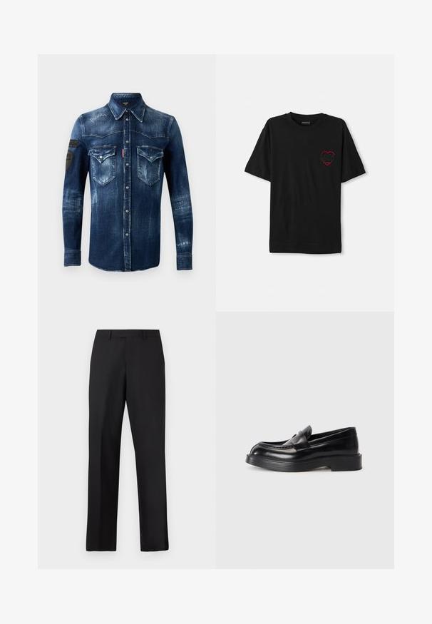 Tamno plavi traper dugih rukava s dugim kopčanjem sprijeda, dva džepa na prsima s preklopom i iscepanim detaljima, uz crne zakrpe na lijevoj rukavi.; Crna pamučna majica kratkih rukava s crvenim izvezenim dizajnom srca na lijevoj strani prsnog dijela. Klasičan okrugli izrez, opušteni kroj.; Crne hlače ravnih nogavica od glatkog materijala. Imaju standardni pojas i bez vidljivih uzoraka ili dodataka.; Crni kožni mokasini s okruglim vrhom, šivenim dizajnom na gornjem dijelu i debelim gumenenim potplatom. Glatka tekstura s minimalnim naglascima.