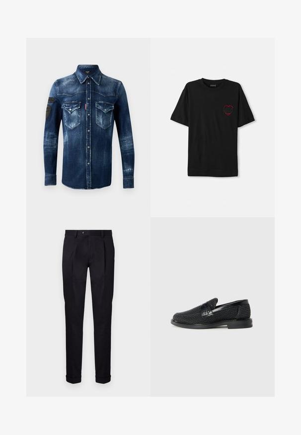 Tumši zila džinsa krekls ar garām piedurknēm, pogu priekšpusi, divām krūšu kabatām ar atloku un nolietojuma detaļām, ar melniem pleķiem kreisajā piedurknē.; Melnā kokvilnas T-kreklā ar īsām piedurknēm, kas rotāta ar sarkanu izšūtu sirdi kreisajā krūtī. Klasiska apaļa kakla izgriezuma forma, brīva piegriezne.; Pielāgoti melni bikses, kas izgatavotas no gludas auduma, ar plakanu priekšpusi, diviem priekšējiem krokiem un apkaklēm apakšā, lai nodrošinātu tīru un strukturētu izskatu.; Melnas austas slaidu kurpes ar gludu ādas akcentu augšpusē, apaļas formas purngalu un zemas profila gumijas zoli.