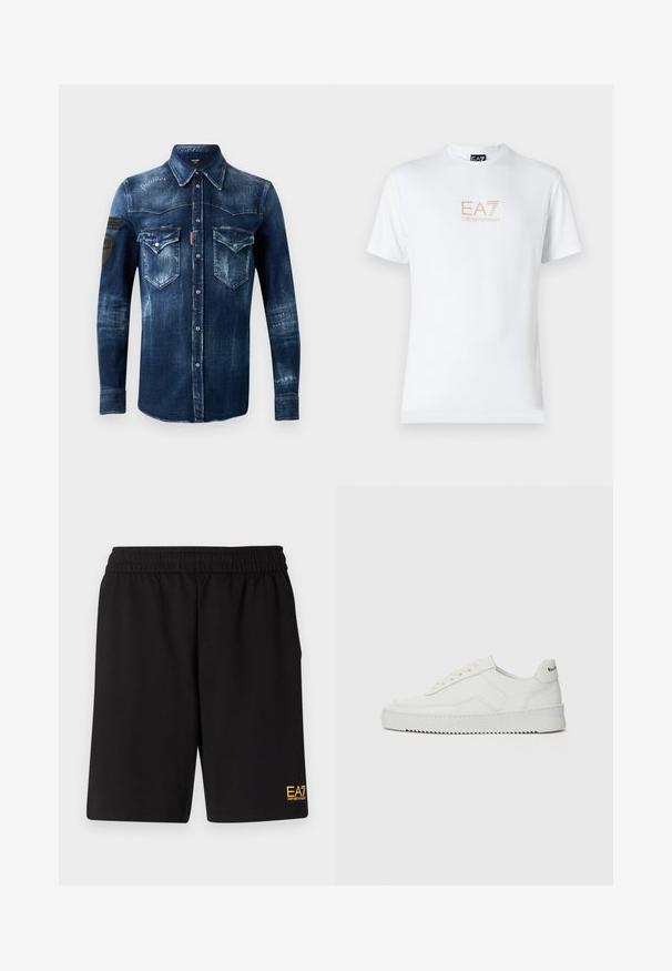 Donkerblauwe spijkerblouse met lange mouwen, knoopsluiting, twee borstzakken met klep en verweringsdetails, met zwarte patches op de linker mouw.; Witte katoenen t-shirt met een ronde halslijn en korte mouwen, voorzien van een gouden EA7 Emporio Armani-logo op de voorkant.; Zwarte sportshorts van zacht materiaal, met een elastische tailleband en een klein geel EA7-logo op de onderste linkeronderbroek.; Witte leren sneaker met een gladde afwerking, ronde neus, platte veters en een gestructureerde zool. Kenmerkt zich door een subtiel logo op de hiel.