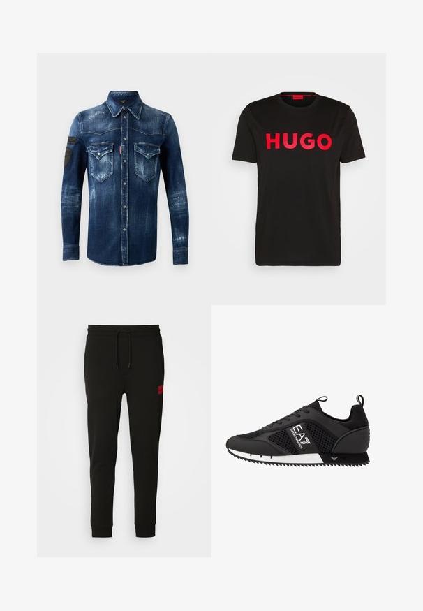 Chemise en jean bleu foncé à manches longues avec fermeture à boutons, deux poches à rabat sur la poitrine et détails usés, dotée de patchs noirs sur la manche gauche.; T-shirt en coton noir avec le texte "HUGO" en rouge vif sur le devant, manches courtes, col rond et coupe décontractée.; Pantalons de survêtement noirs en tissu doux, avec une taille à cordon, coupe slim et un patch logo rouge sur la cuisse gauche.; EA7 Emporio Armani LACES UNISEX - Baskets basses - black/white