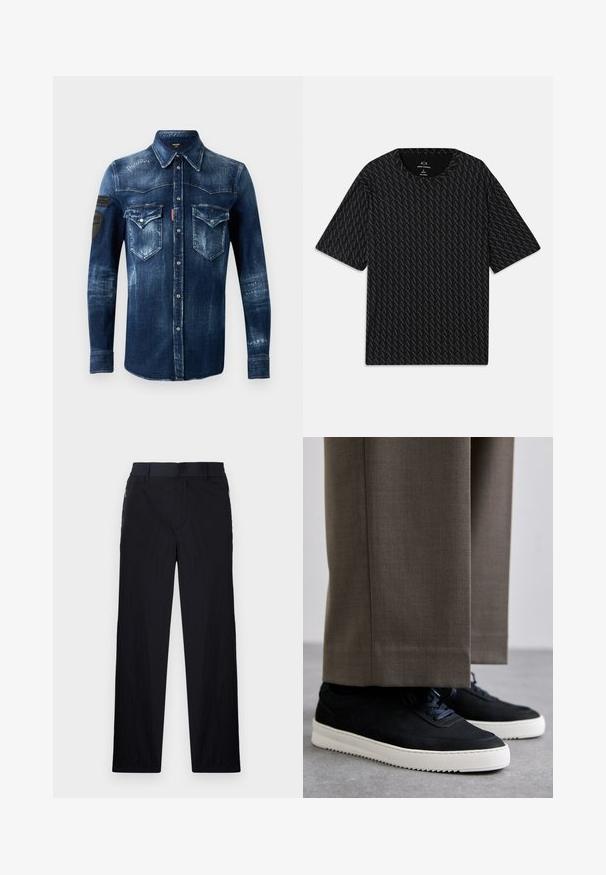 Tume sinine denimpusa pikkade varrukatega, nööpidega ees, kahe rinna taskuga ja kulunud detailidega, millel on mustad laigud vasakul varrukal.; Must mustläbiga T-särk, millel on tekstuurne muster vahelduvate 'A' logodega, lühikeste varrukatega ja ümar kaelus. Valmistatud kergest kangast.; Mustad püksid, millel on kerge, tekstuuriga kangas, sirge jala disain, elastne vöökoht ja küljetaskud sipsiga.; Mustad suleed sneakers valge kummist tallaga, ümarate varvaste ja paeltega, kantud hallide ülikonna pükste kõrval.