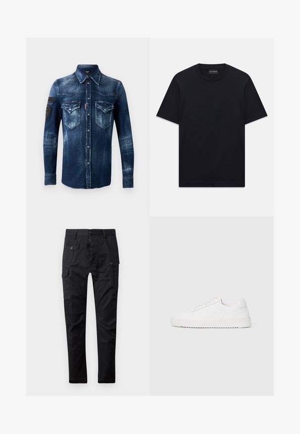 Tmavě modrá džínová košile s dlouhým rukávem a zapínáním na knoflíky, dvěma náprsními kapsami s klopou a opotřebovanými detaily, se černými záplatami na levém rukávu.; Černé tričko s krátkým rukávem a kulatým výstřihem s jemně embosovaným logem umístěným na hrudi a brandovanou štítkovou etiketou uvnitř límce.; Černé cargo kalhoty vyrobené z odolné tkaniny, s několika kapsami, knoflíkovým zapínáním a rovnými nohavicemi. Hladký povrch a matný vzhled.; Bílé tenisky s hladkým koženým svrškem, zaoblenou špičkou, šněrováním, texturovanými bočními akcenty a silnou gumovou podrážkou. Minimalistický design.