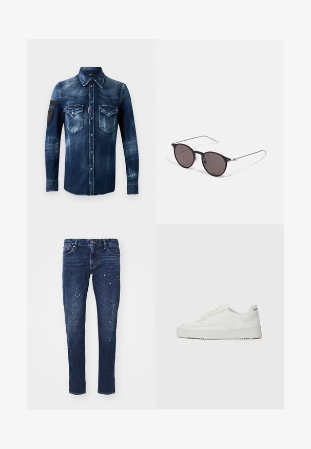 Sötétkék farmer hosszúujjú ing, gombos elülső résszel, két mellzseb flap zsebbel és kopott részletekkel, fekete foltokkal a bal ujján.; Sötétkék, slim fit farmernadrág, festékcseppekkel, látható varrással és klasszikus öt zsebbel. Egyenes szárú fazon.; Fehér bőr sportcipő sima felülettel, kerek orral, lapos fűzőkkel és texturált talppal. Finom logó található a sarokon.; Fekete kerek napszemüveg sötét lencsékkel és karcsú fém szárakkal. Átlátszó szárvégeket és ezüst részleteket tartalmaz az ívnél. Minimalista dizájn.