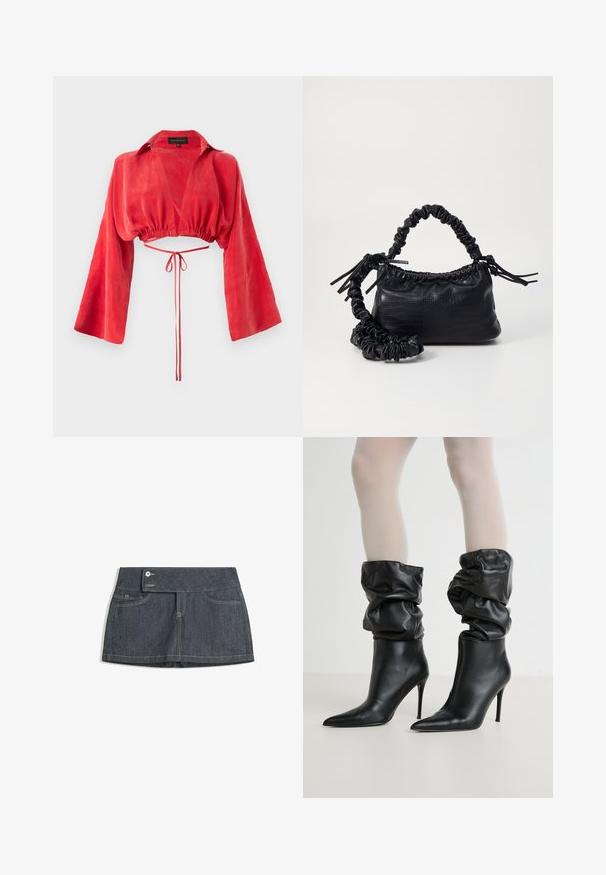 Röd kort blus av mjukt tyg, med v-ringning, långa vida ärmar och en insvängd midja med en knytning bak.; Mörk denimkjol med hög midja, med två framfickor, knäppning med knapp och kontrasterande sömmar längs kanterna.; Svarta läderankelstövlar med en slouchig design, spetsig tå och hög stilettklack, med en mjuk, texturerad yta runt kanten.; Svart faux läderhandväska med krokodiltextur, snodd topp och en skrämd rem. Ser mjuk och kompakt ut i designen.