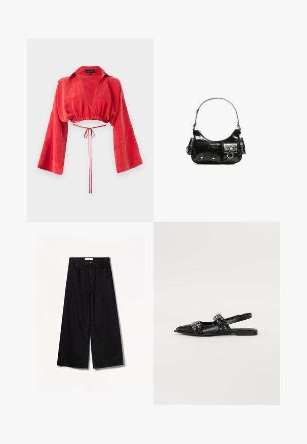 Red cropped blouse made of smooth fabric, featuring a v-neck, long wide sleeves, and a cinched waist with a tie detail at the back.; Bershka WIDE-LEG - Wide Leg - black; Even&Odd Ballet pumps - black; Black patent leather handbag with a curved shape, one shoulder strap, front pockets, and silver-tone hardware accents.