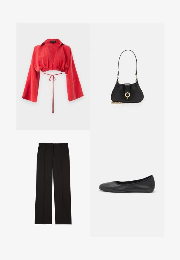 Červená zkrácená blůza vyrobená z hladké tkaniny, s výstřihem do V, dlouhými širokými rukávy a staženým pasem s detailem na zavazování na zadní straně.; Černé elegantní kalhoty na míru vyrobené z hladké látky, s rovnými nohavicemi a dvěma postranními kapsami. Elegantní a minimalistická konstrukce.; Černé kožené baletní byty s kulatou špičkou, hladkou texturou, minimálními švy a flexibilním designem podrážky.; sandro JANET - Kabelka - noir